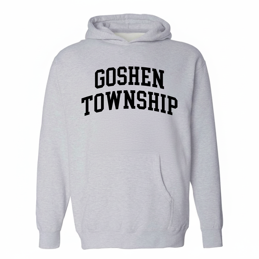 Heather-gray hoodie with the Goshen Township varsity arched lettering design on the chest.