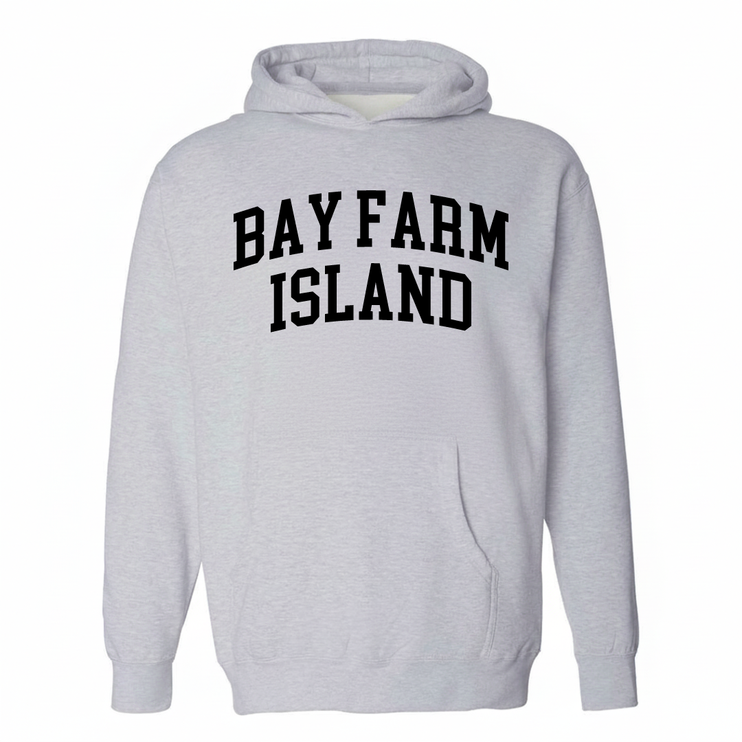 Heather-gray hoodie with the Bay Farm Island arched lettering design on the chest.