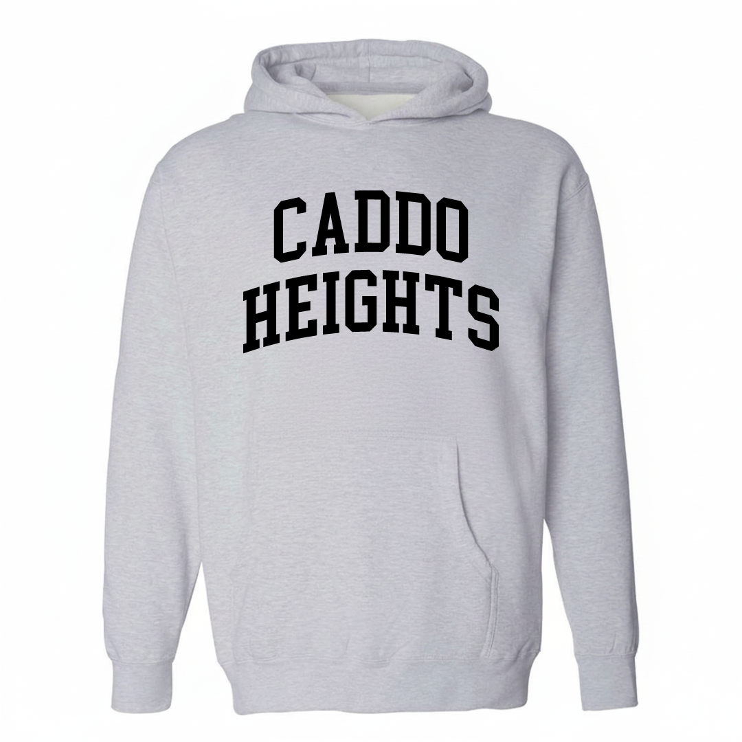 Heather-gray hoodie with the Caddo Heights varsity arched lettering design on the chest.