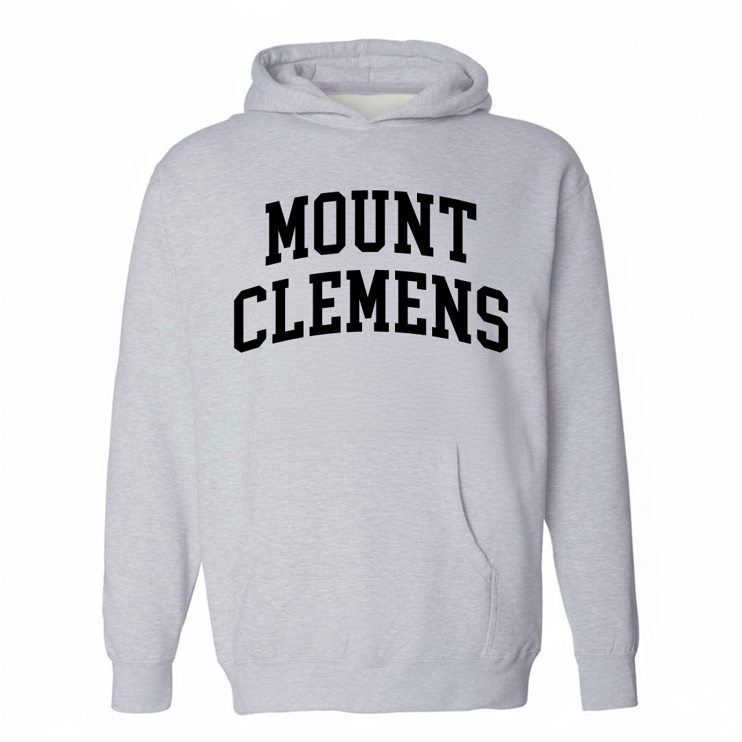 Heather-gray hoodie with the Mount Clemens varsity arched lettering design on the chest.