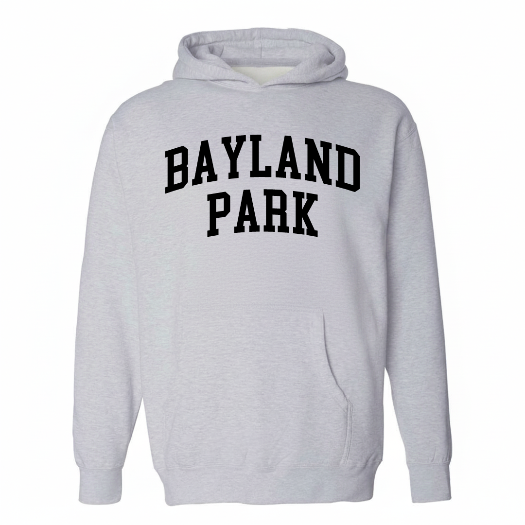 Heather-gray hoodie with the Bayland Park varsity arched lettering design on the chest.