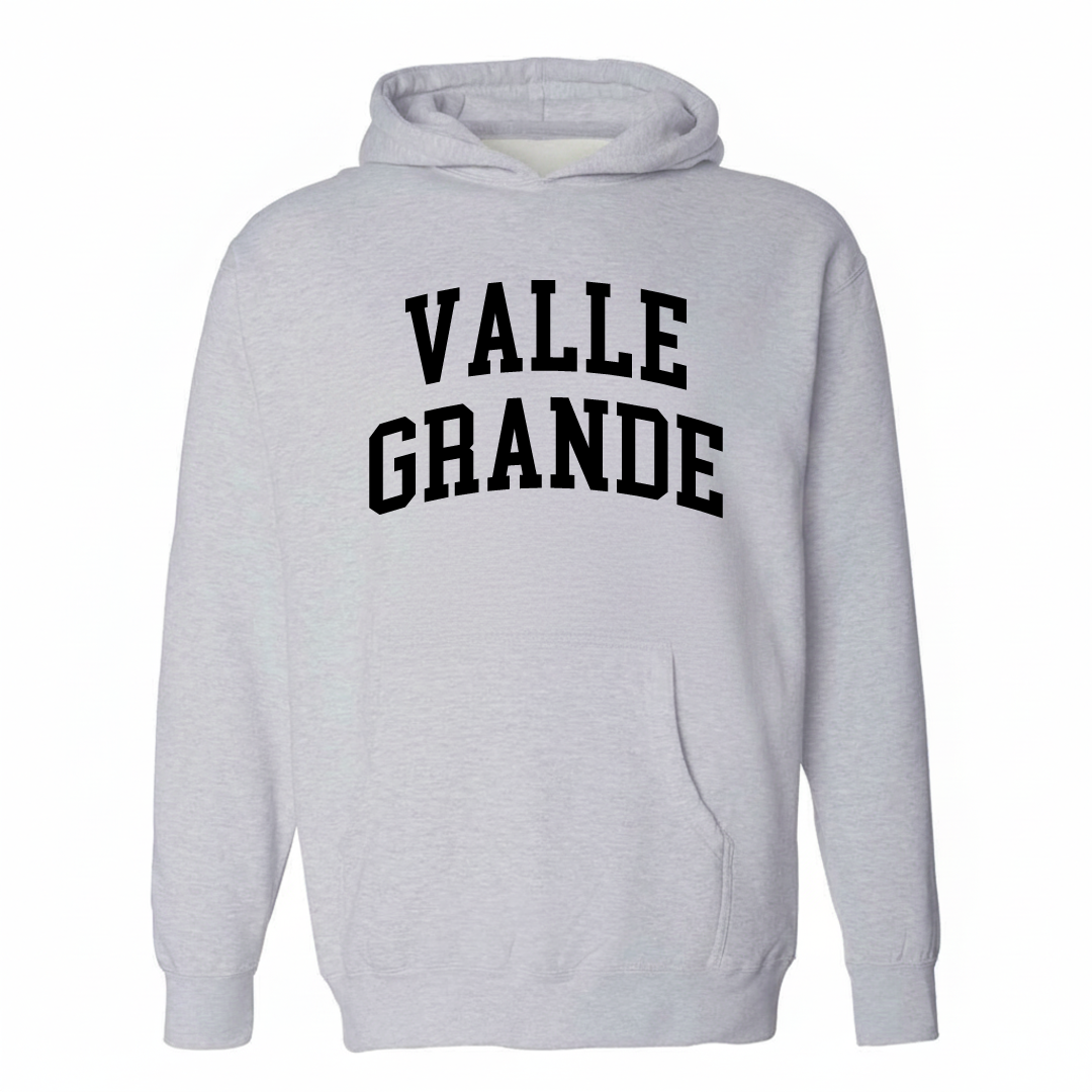 Heather-gray hoodie with the Valle Grande arched lettering design on the chest.