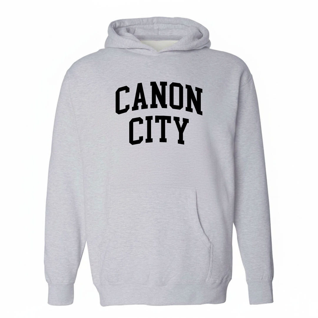 Heather-gray hoodie with the Cañon City varsity arched lettering design on the chest.
