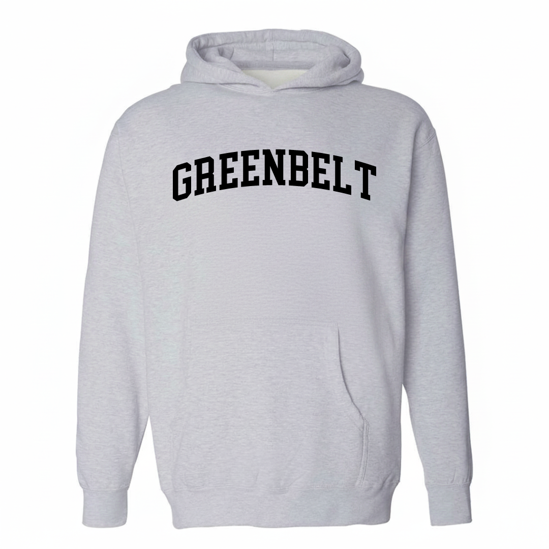 Heather-gray hoodie with the Greenbelt varsity arched lettering design on the chest.