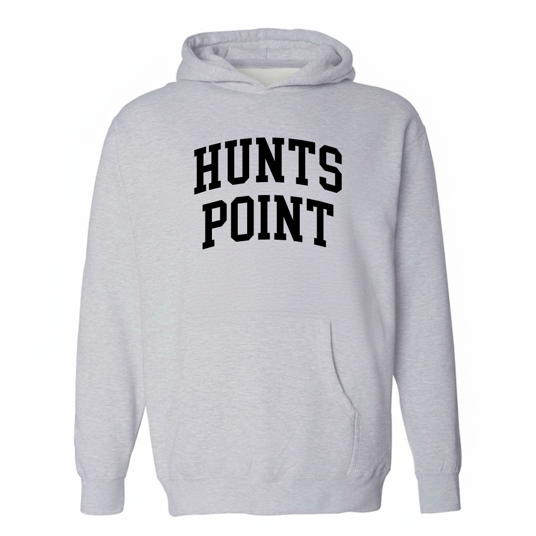 Heather-gray hoodie with the Hunts Point varsity arched lettering design on the chest.