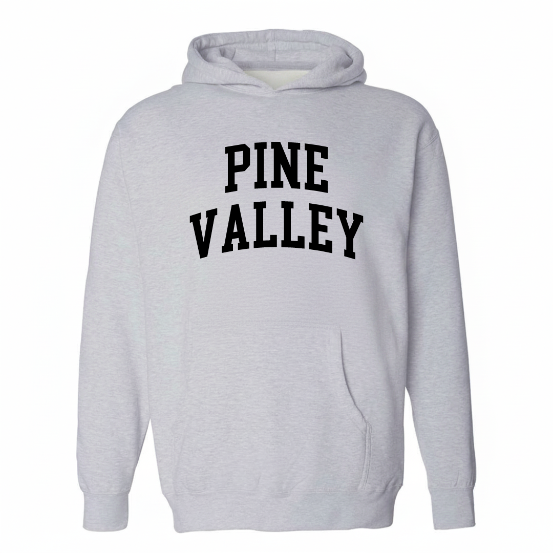 Heather-gray hoodie with the Pine Valley arched varsity lettering design on the chest.