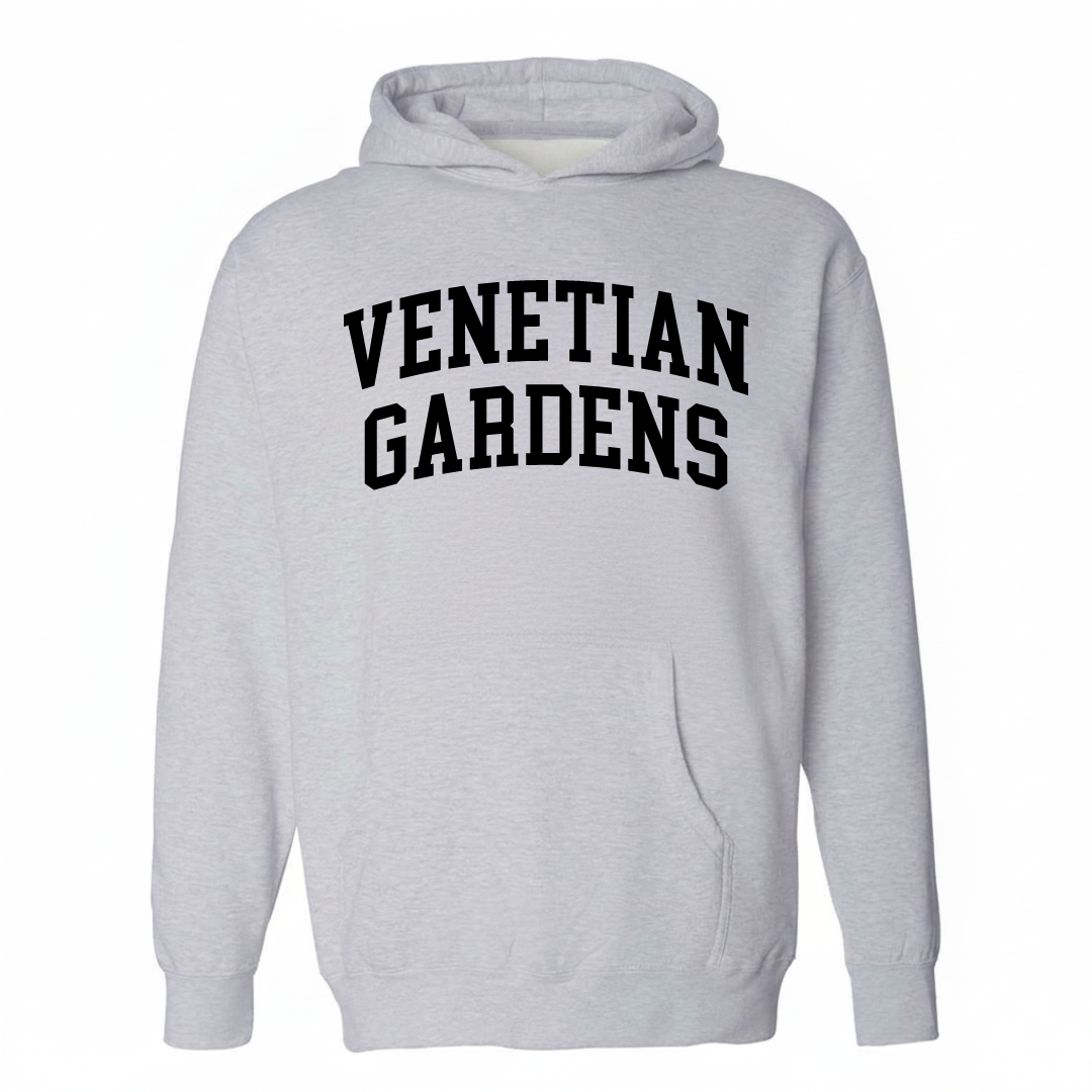 Heather-gray hoodie with the Venetian Gardens arched lettering design on the chest.