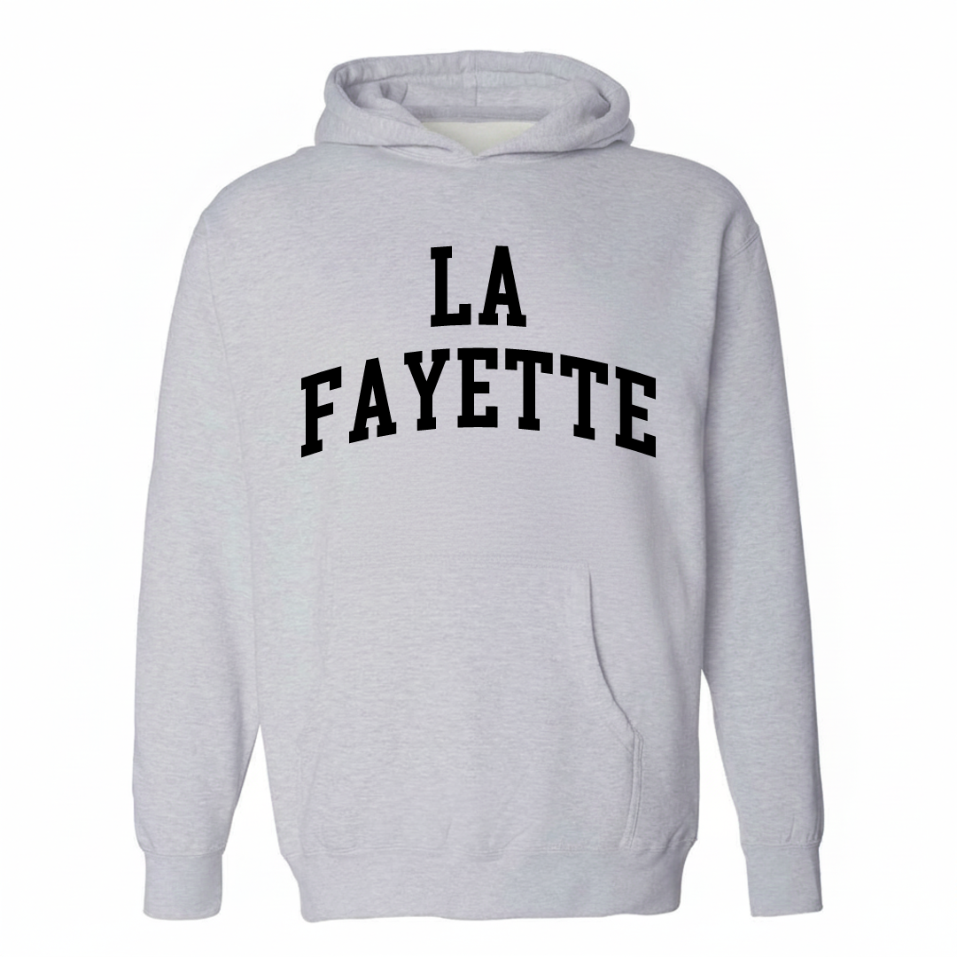 Heather-gray hoodie with the La Fayette arched lettering varsity design on the chest.