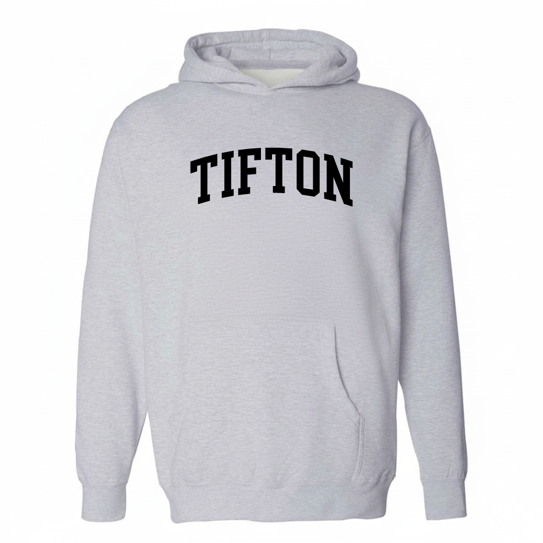 Heather-gray hoodie with the Tifton varsity arched lettering design on the chest.