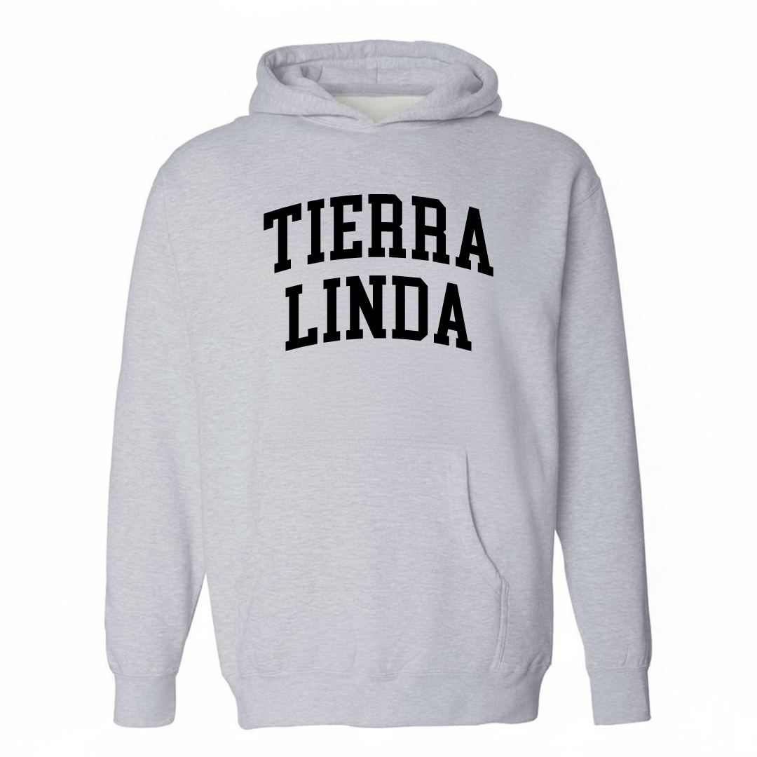 Heather-gray hoodie with the Tierra Linda varsity arched lettering design on the chest.