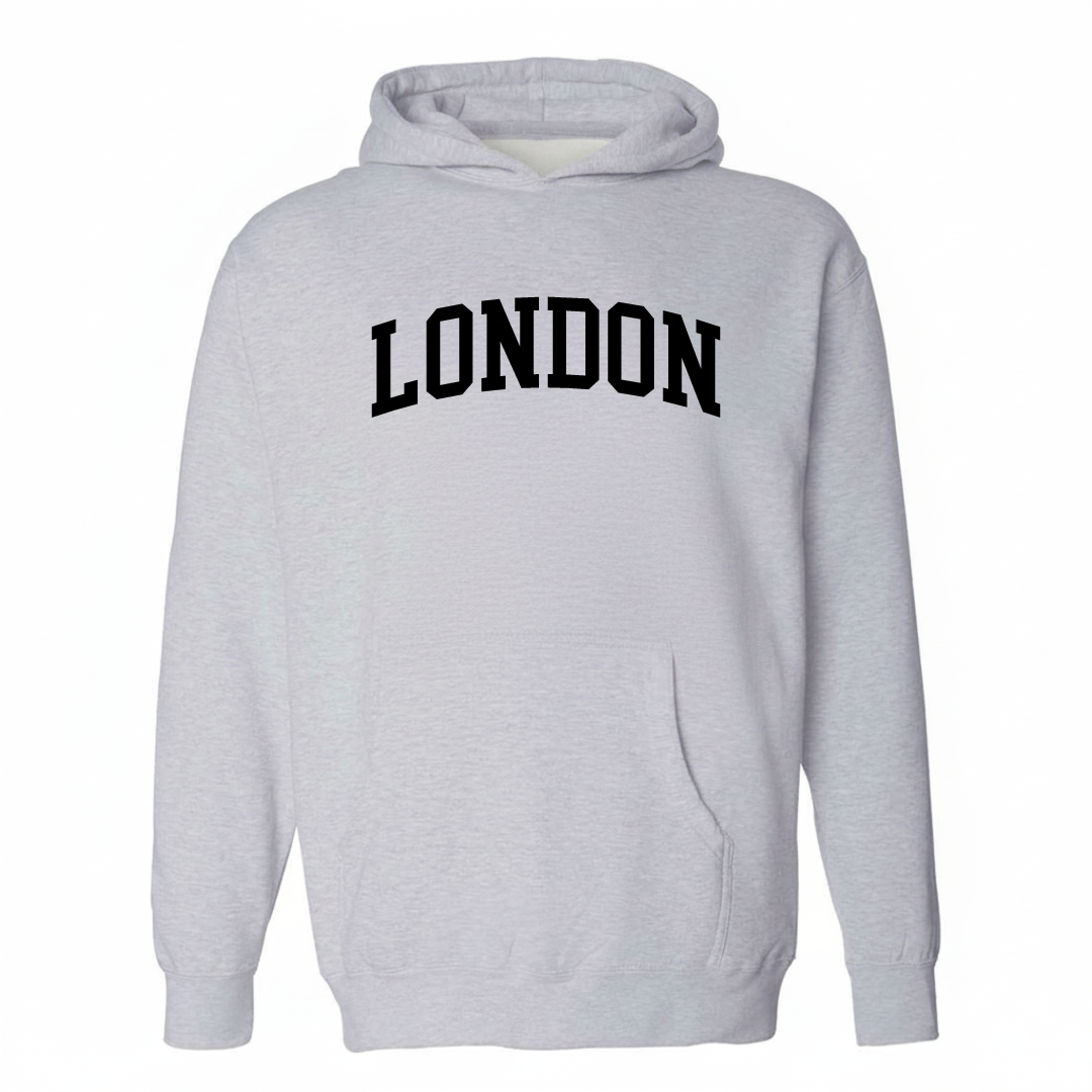 Heather-gray hoodie with the London KY arched varsity lettering design on the chest.