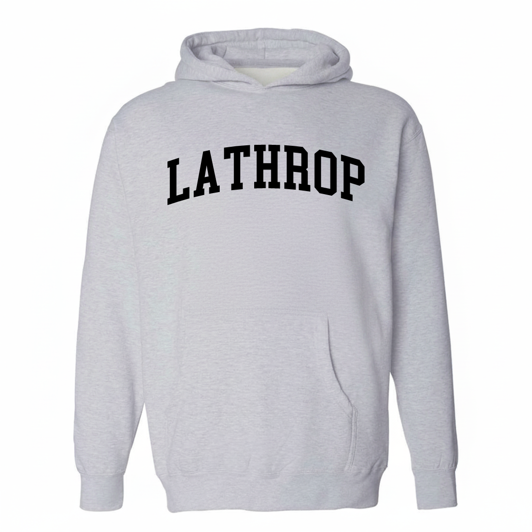 Heather-gray hoodie with the Lathrop arched varsity lettering design on the chest.