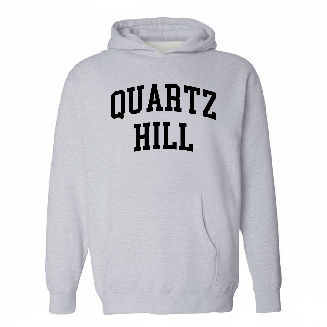 Heather-gray hoodie with the Quartz Hill varsity arched lettering design on the chest.