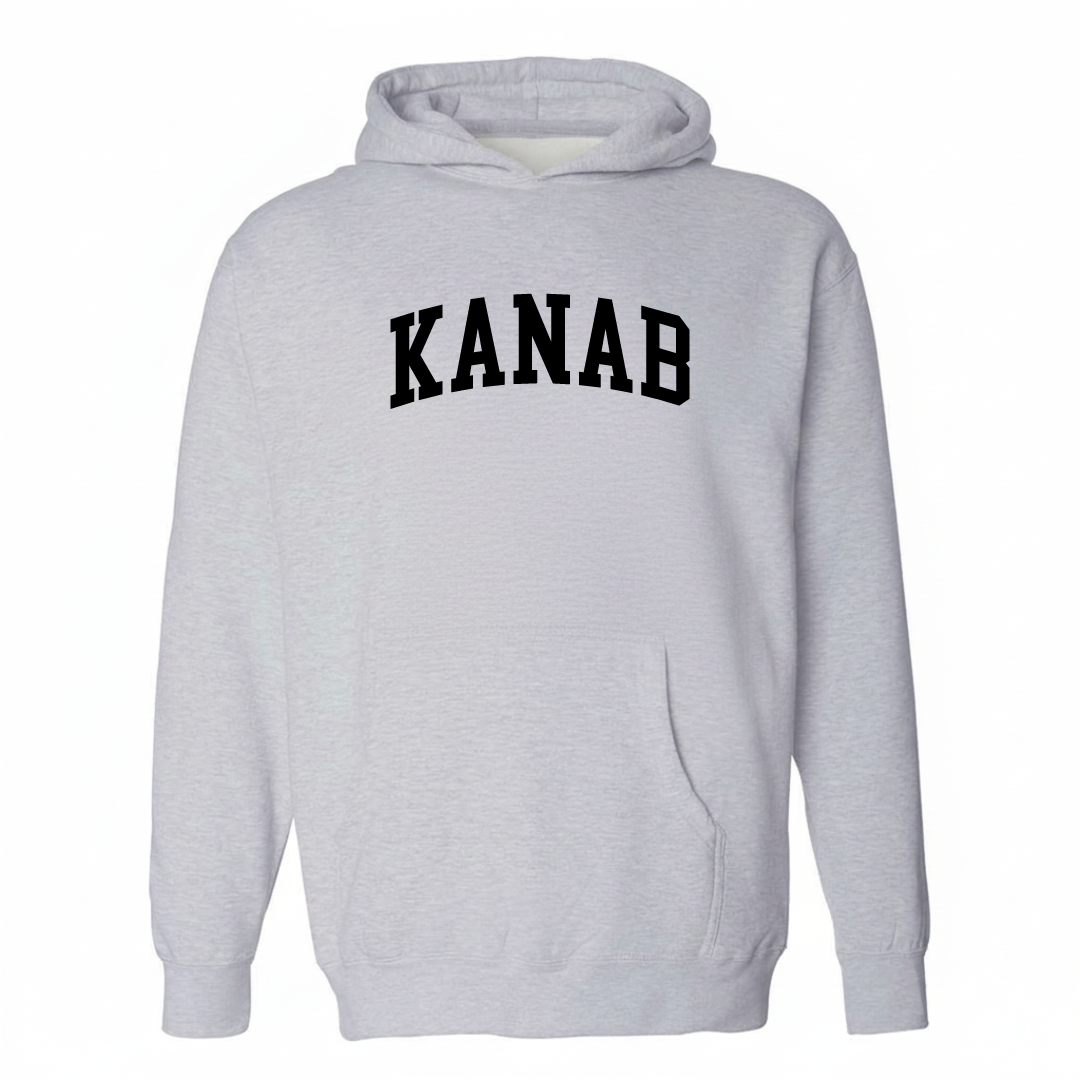 Heather-gray hoodie with the Kanab varsity arched lettering design on the chest.