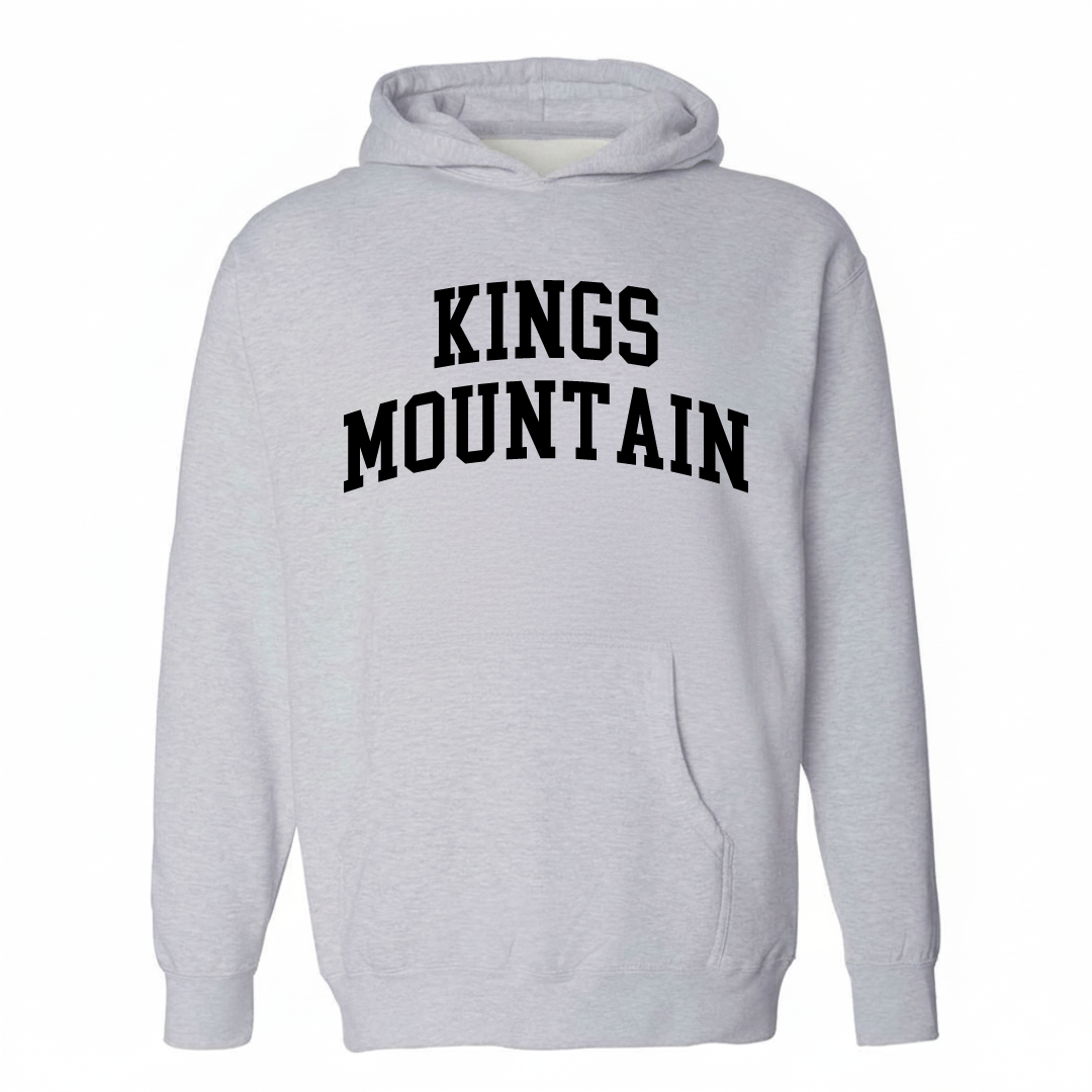 Heather-gray hoodie with the Kings Mountain arched lettering varsity-collegiate design on the chest.