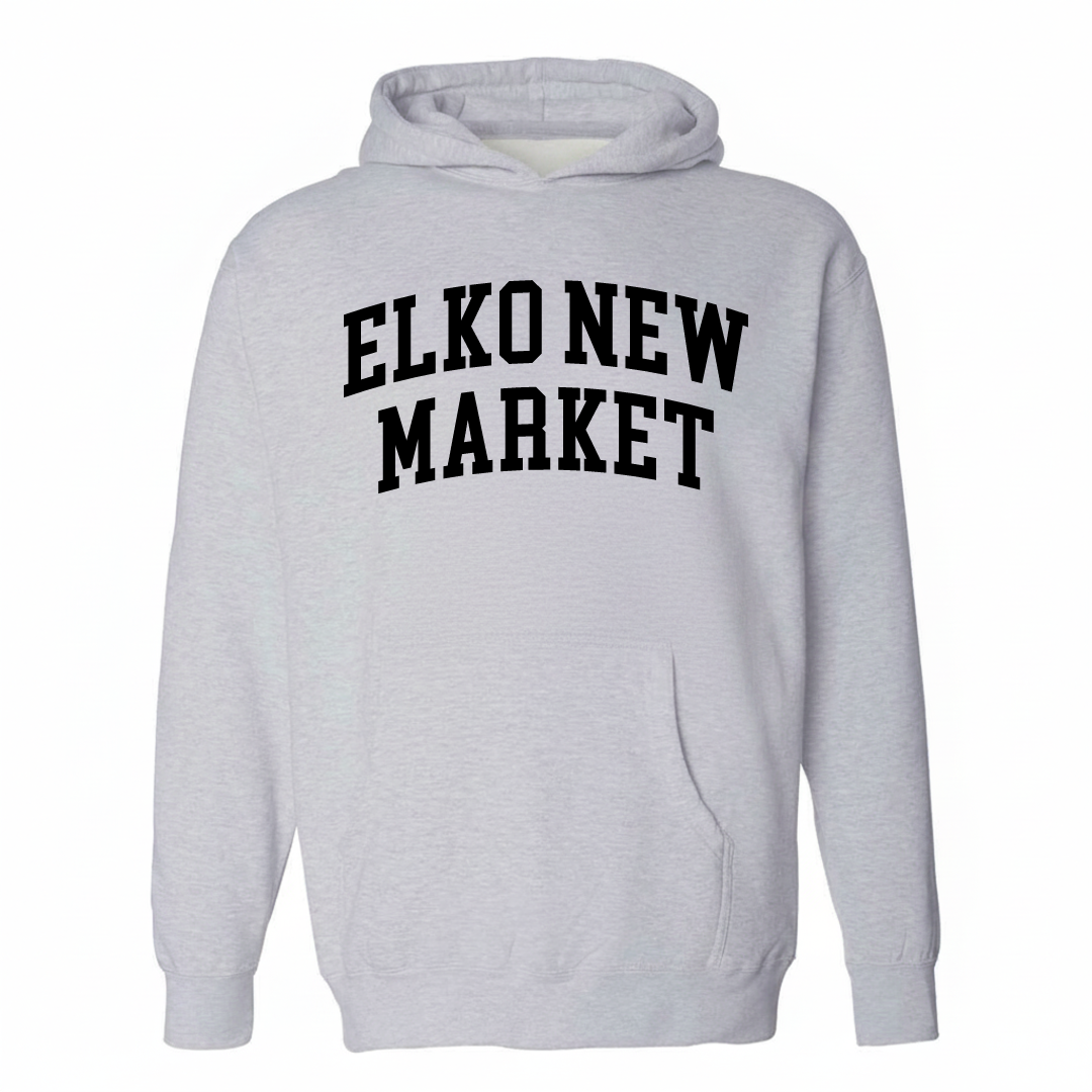 Heather-gray hoodie with the Elko New Market varsity arched lettering design on the chest.