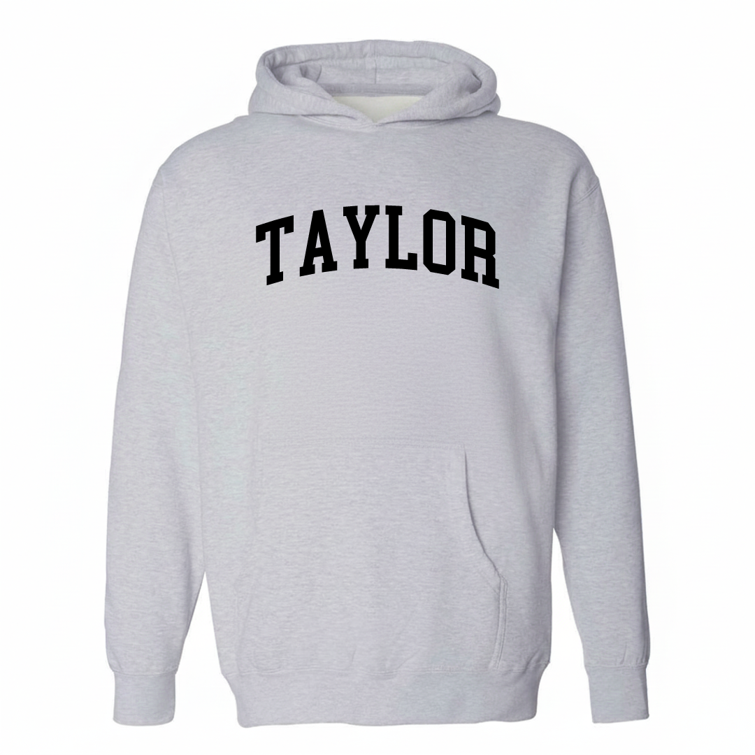Heather-gray hoodie with the Taylor, Alabama varsity arched lettering design on the chest.