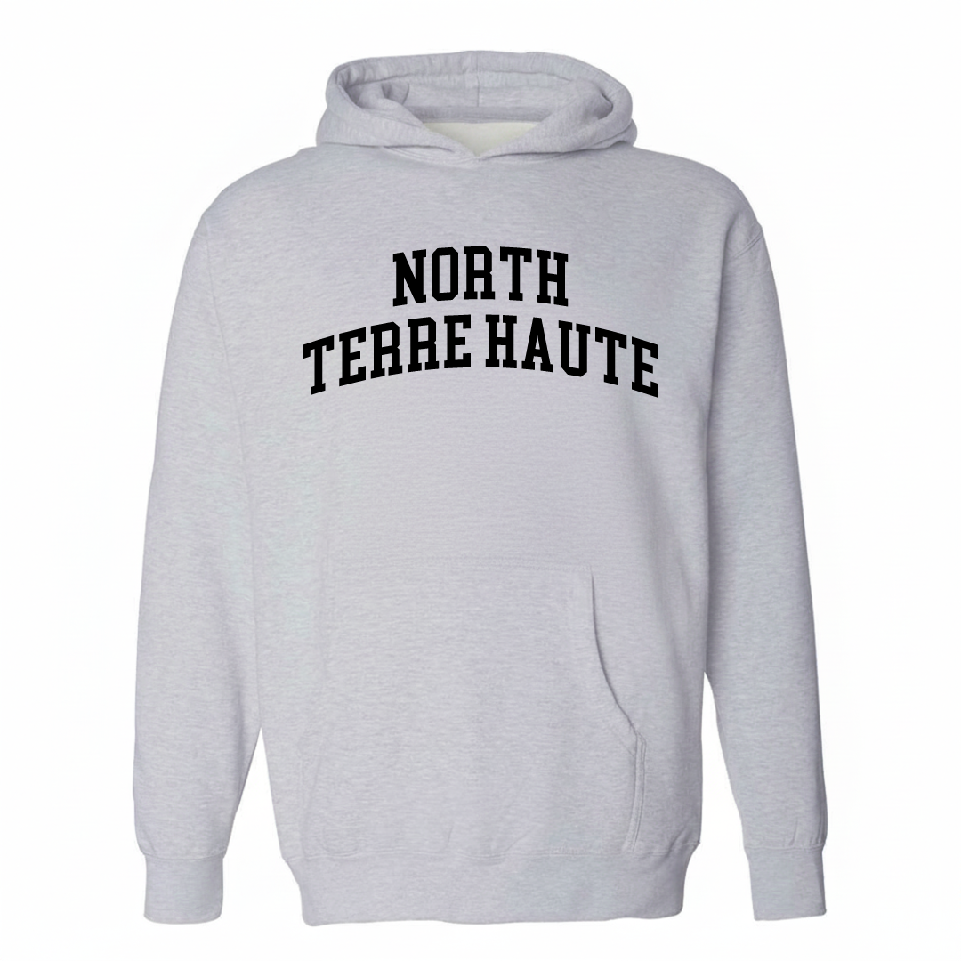 Heather-gray hoodie with the North Terre Haute varsity arched lettering design on the chest.