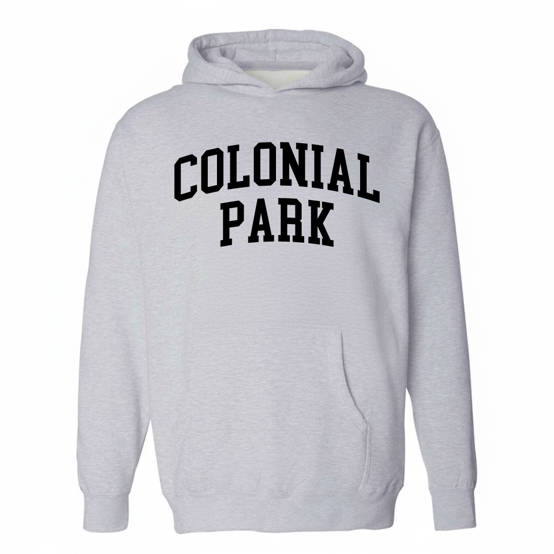 Heather-gray hoodie with the Colonial Park arched lettering varsity-collegiate design on the chest.