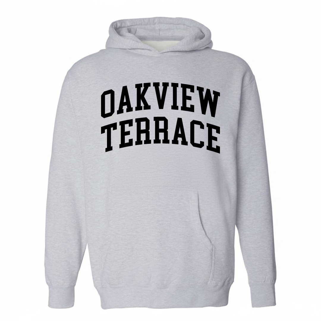 Heather-gray hoodie with the Oakview Terrace varsity arched lettering design on the chest.