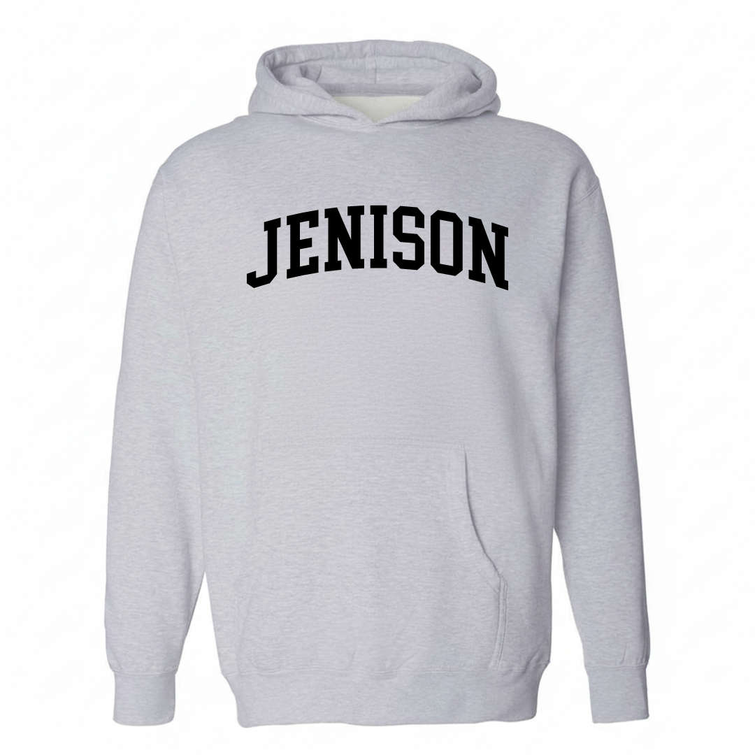 Heather-gray hoodie with the Jenison varsity arched lettering design on the chest.