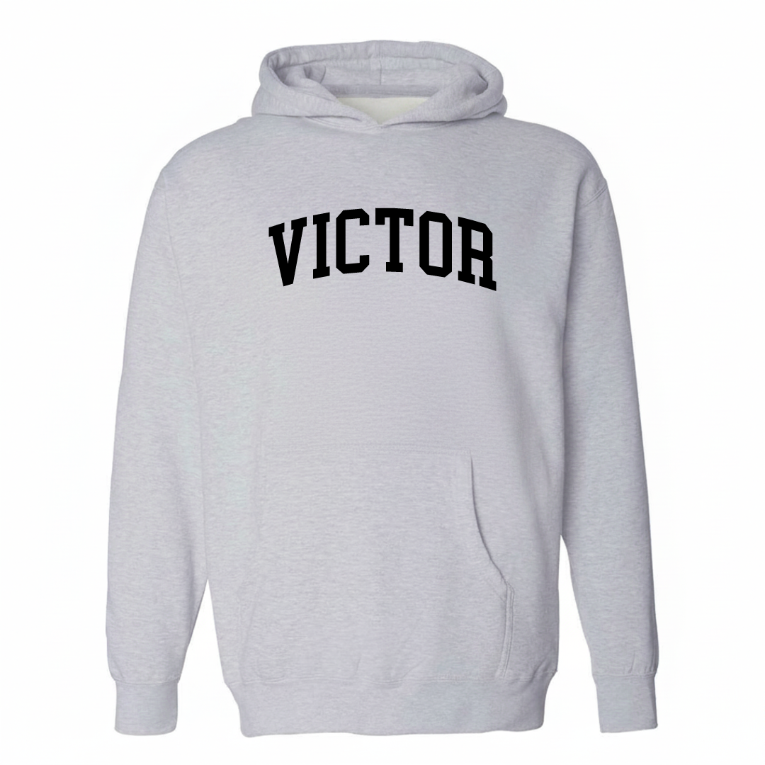 Heather-gray hoodie with the Victor NY varsity arched lettering design on the chest.