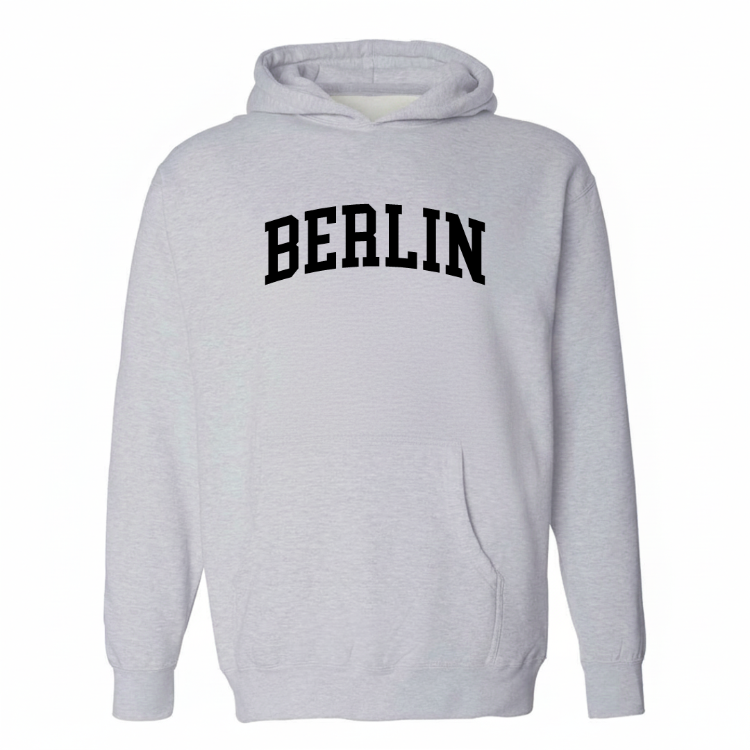 Heather-gray hoodie with the Berlin Massachusetts varsity arched lettering design on the chest.