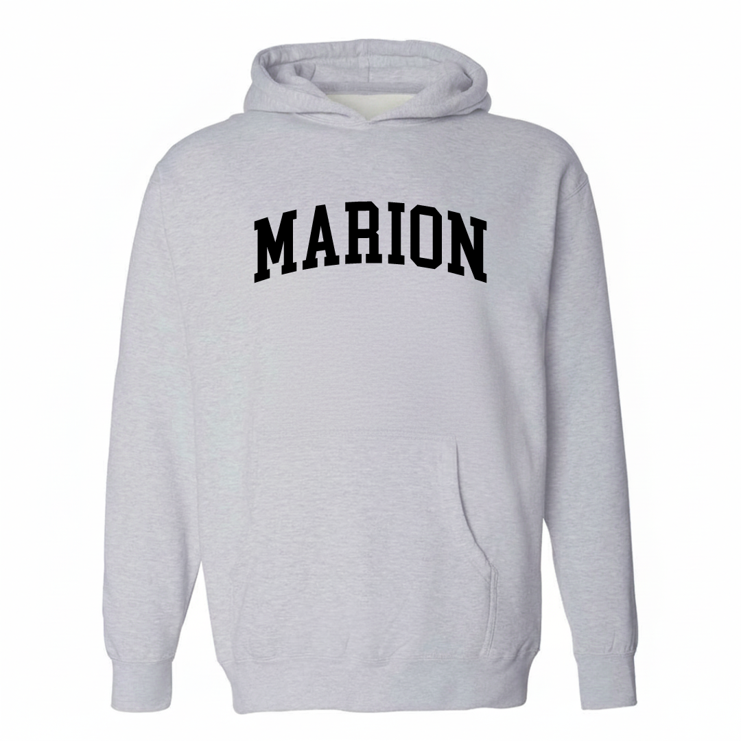 Heather-gray hoodie with the Marion, WI varsity arched lettering design on the chest.