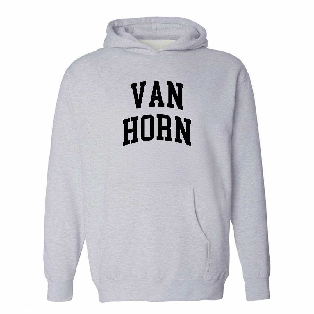 Heather-gray hoodie with the Van Horn varsity arched lettering design on the chest.