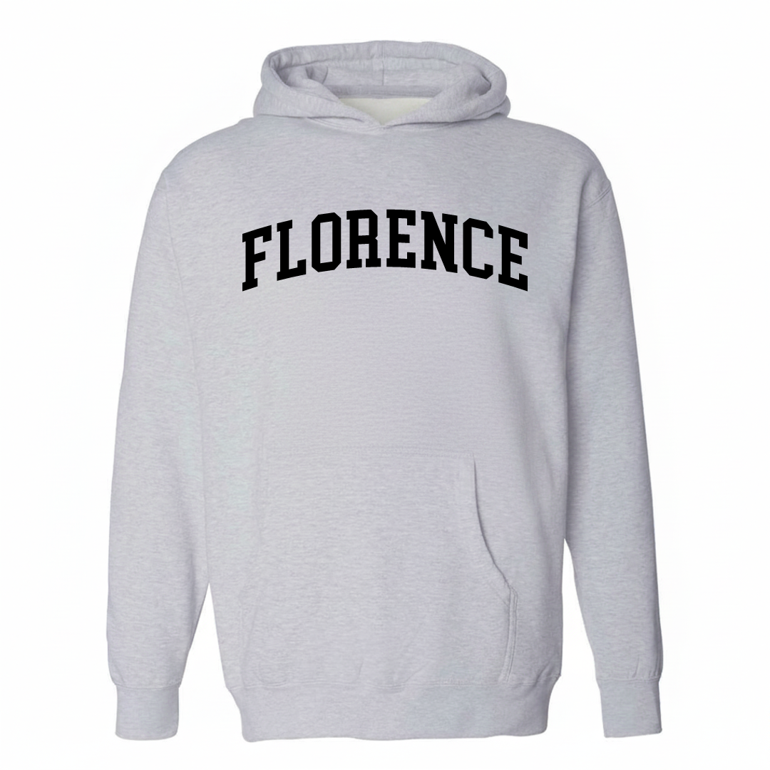 Heather-gray hoodie with the Florence SC varsity arched lettering design on the chest.