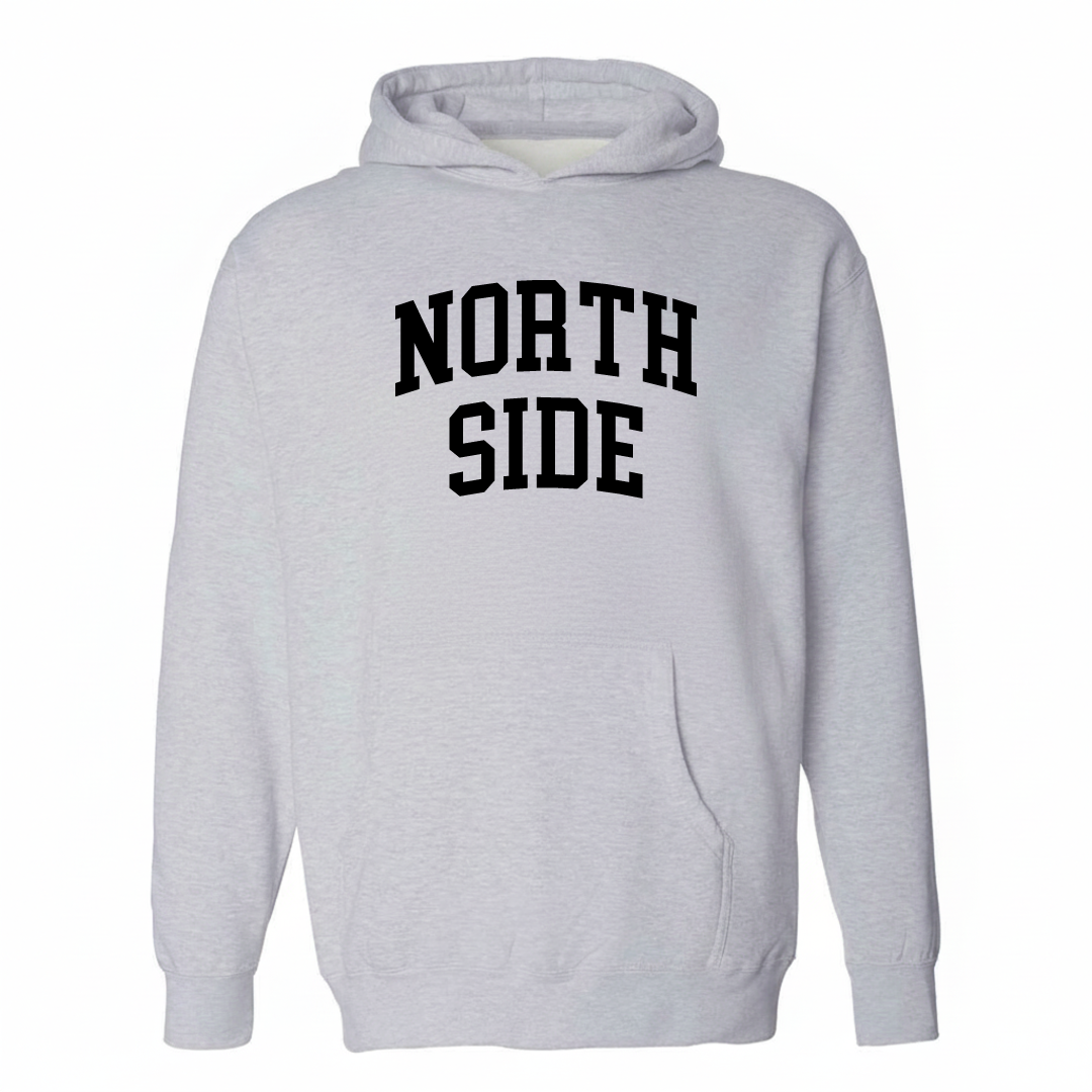 Heather-gray hoodie with the North Side varsity arched lettering design on the chest.