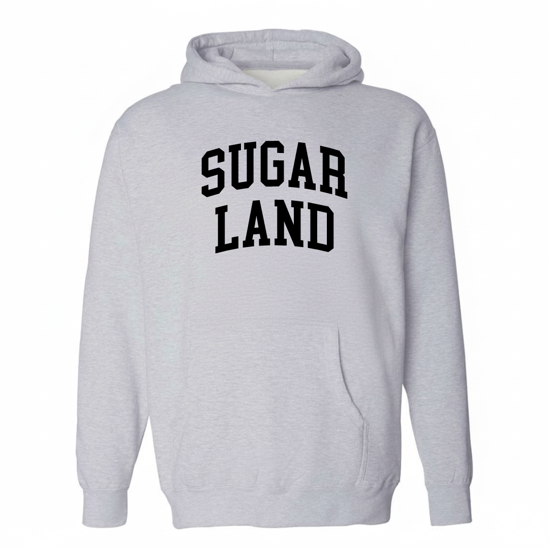 Heather-gray hoodie with the Sugar Land arched lettering varsity-collegiate design on the chest.