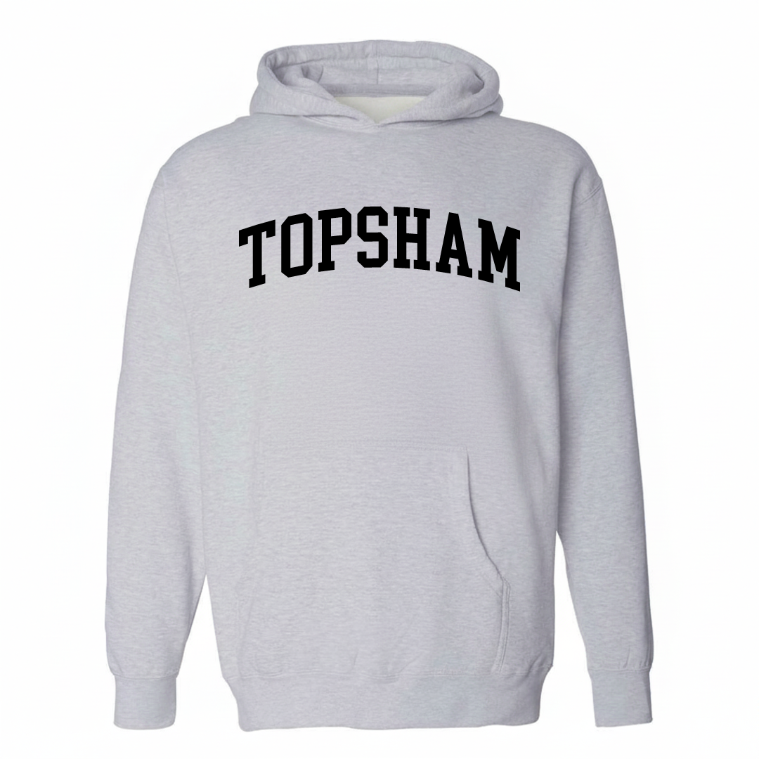 Heather-gray hoodie with the Topsham varsity arched lettering design on the chest.