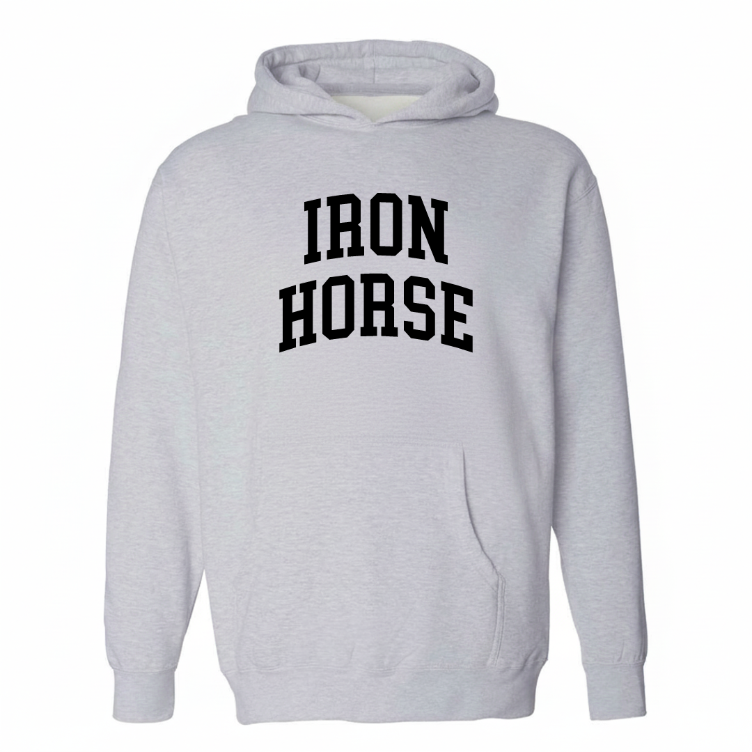Heather-gray hoodie with the Iron Horse arched varsity lettering design on the chest.
