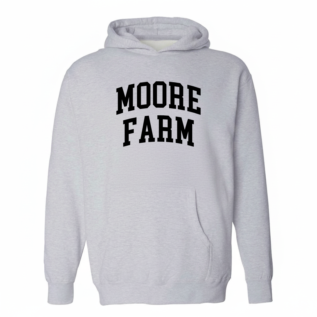 Heather-gray hoodie with the Moore Farm varsity arched lettering design on the chest.