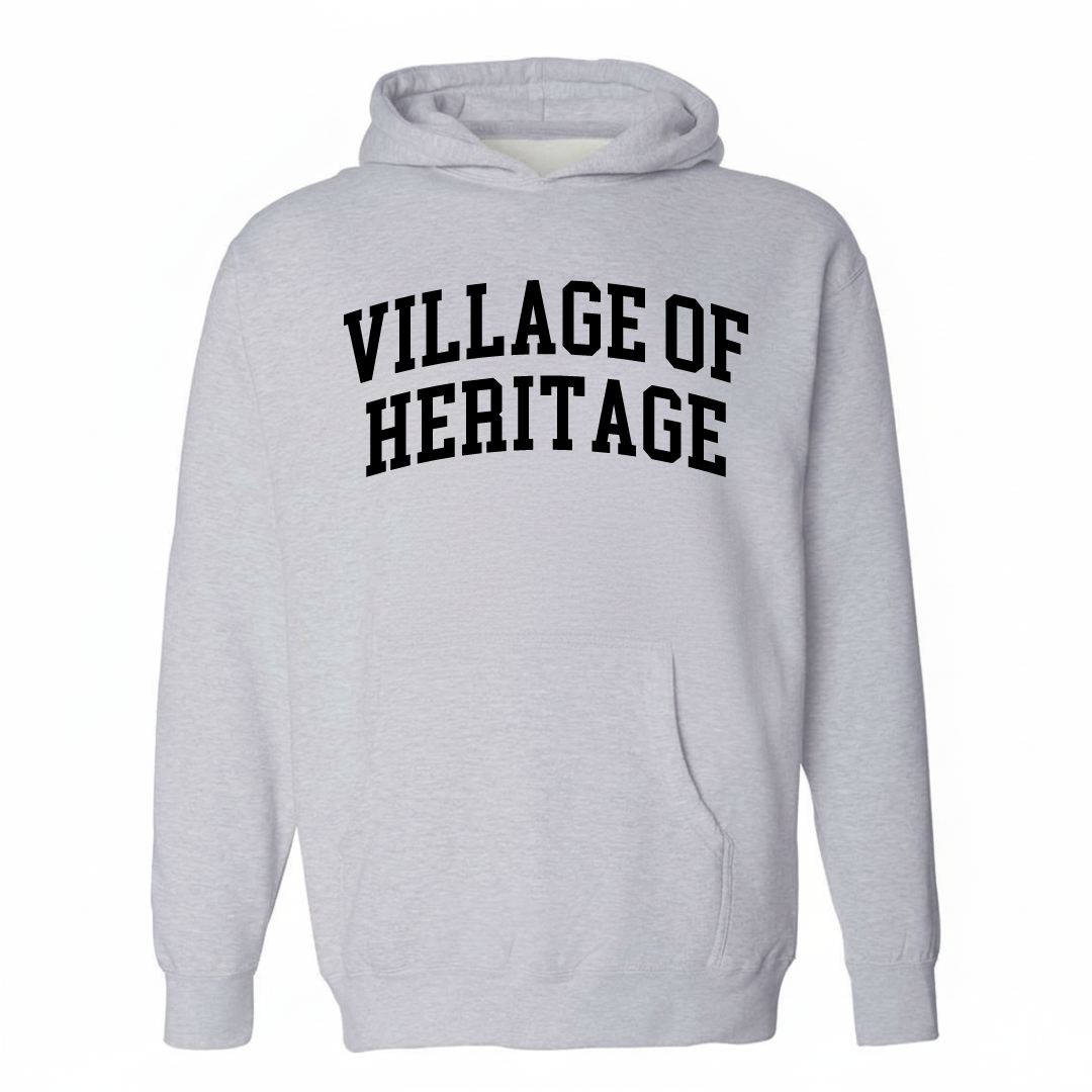 Heather-gray hoodie with the Village of Heritage varsity arched lettering design on the chest.