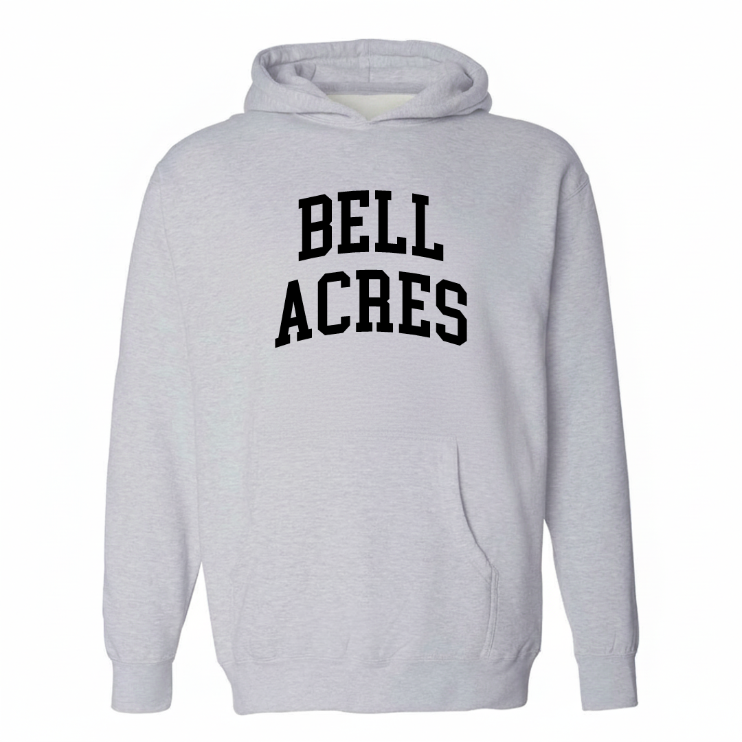 Heather-gray hoodie with the Bell Acres varsity arched lettering design on the chest.