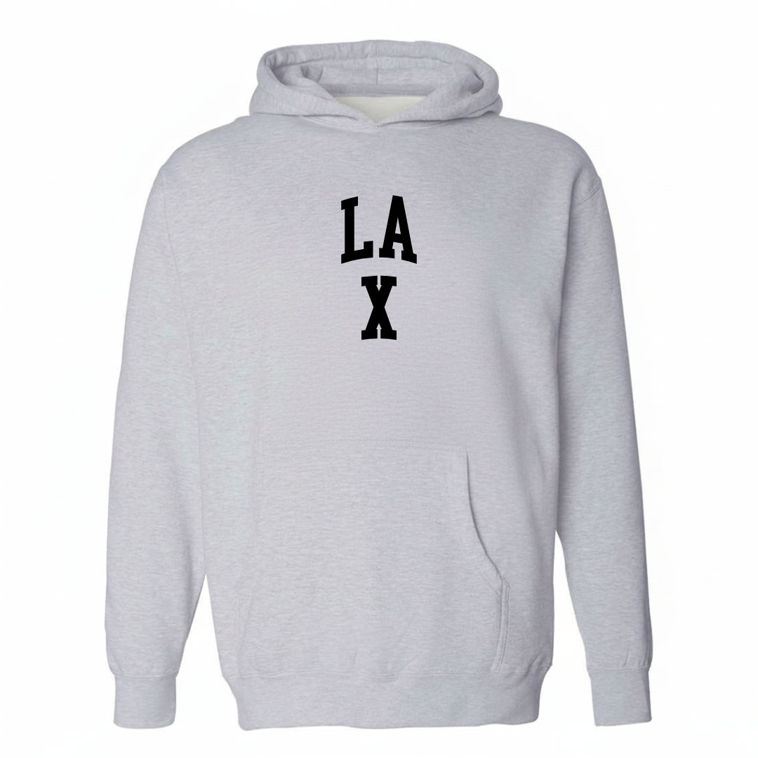 Heather-gray hoodie with the La X Barrio Azteca varsity arched lettering design on the chest.