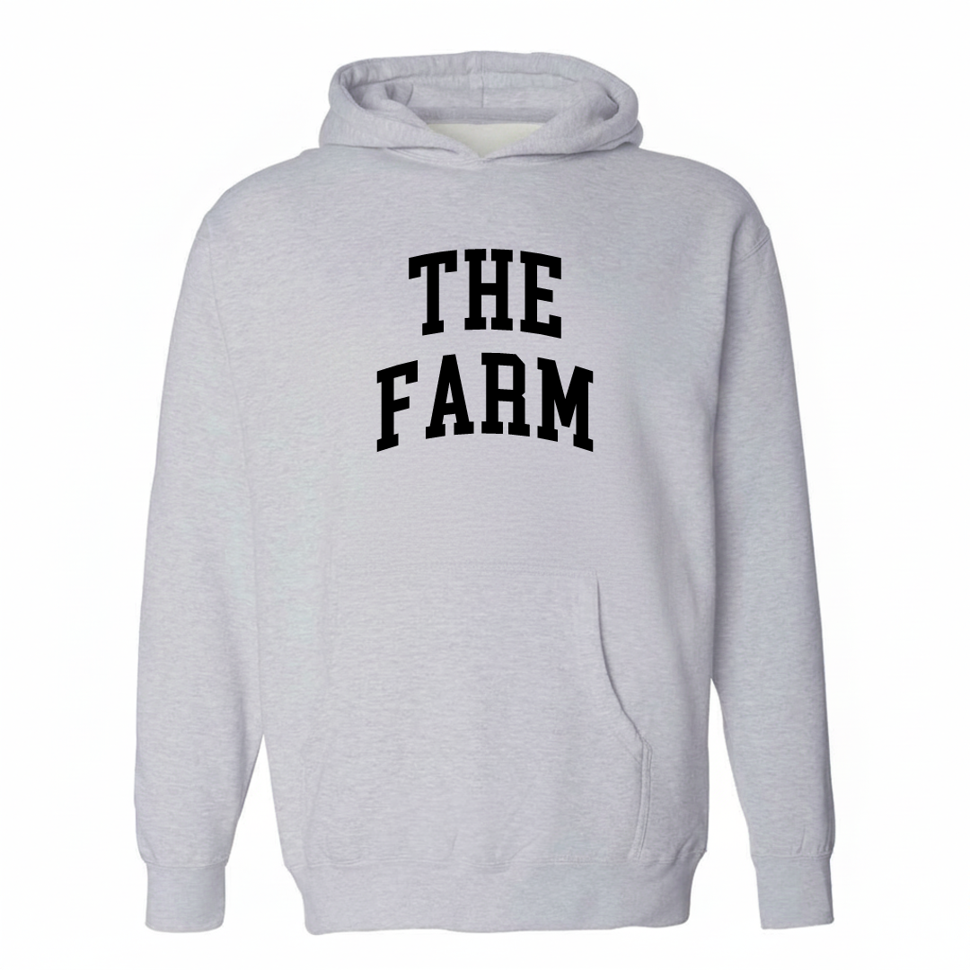 Heather-gray hoodie with The Farm Colorado Springs arched varsity lettering design on the chest.