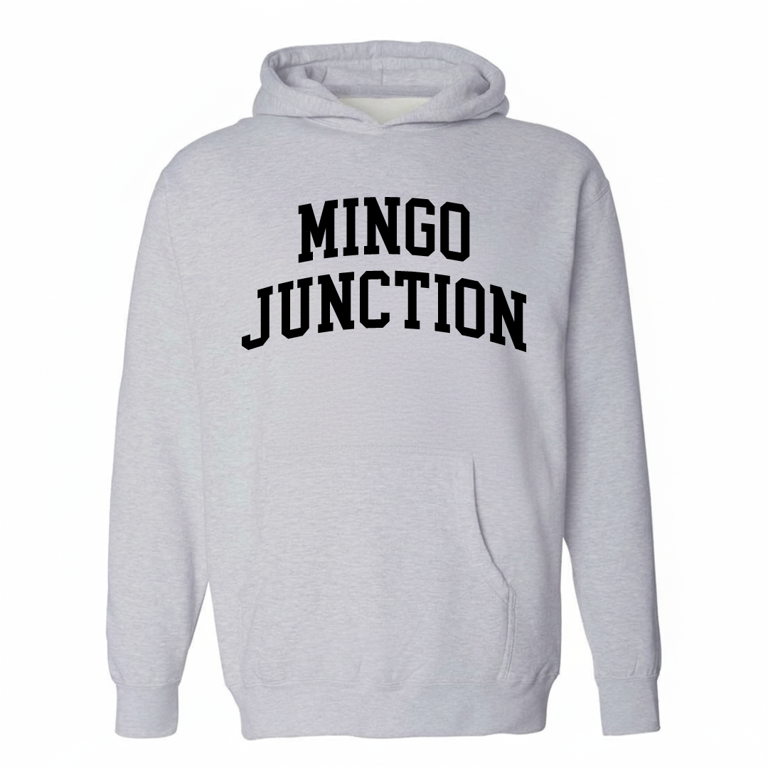 Heather-gray hoodie with the Mingo Junction varsity arched lettering design on the chest.