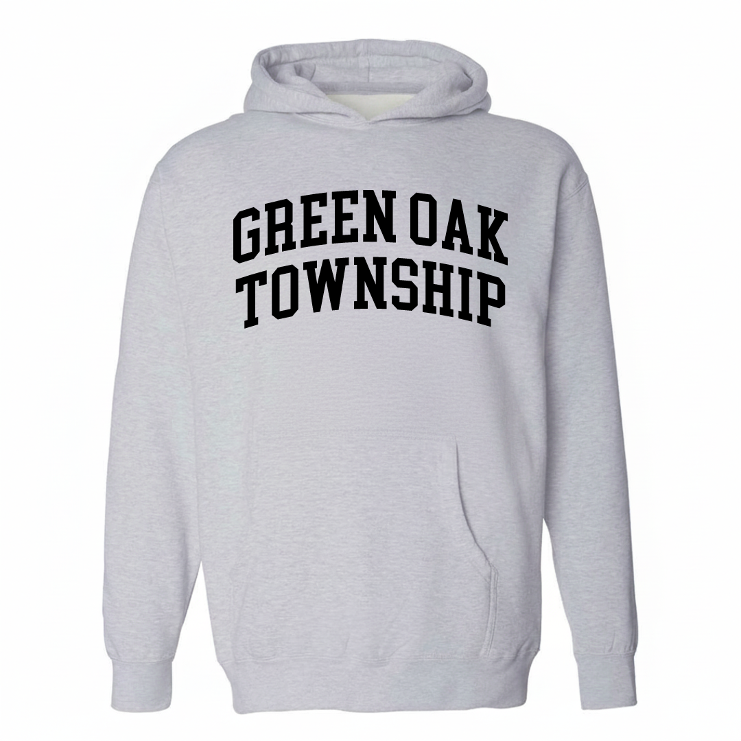 Heather-gray hoodie with the Green Oak Township varsity arched lettering design on the chest.