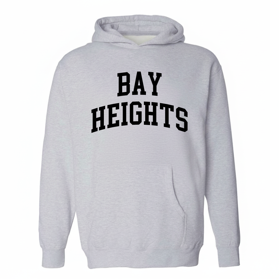 Heather-gray hoodie with the Bay Heights arched varsity lettering design on the chest.