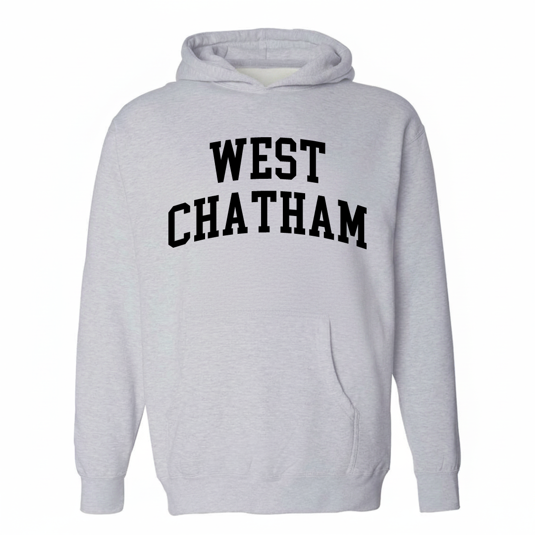 Heather-gray hoodie with the West Chatham varsity arched lettering design on the chest.