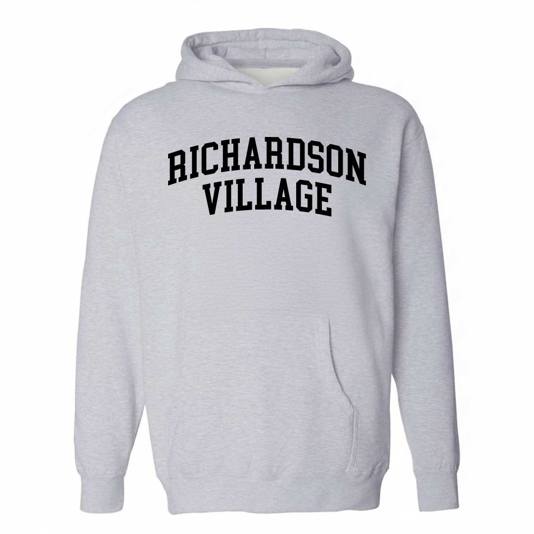Heather-gray hoodie with the Richardson Village arched lettering design on the chest.