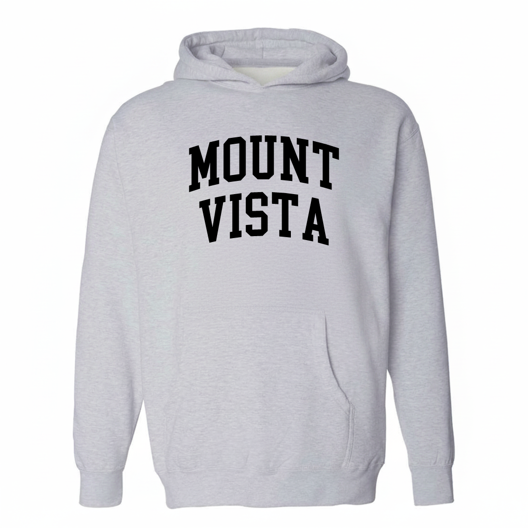 Heather-gray hoodie with the Mount Vista varsity arched lettering design on the chest.