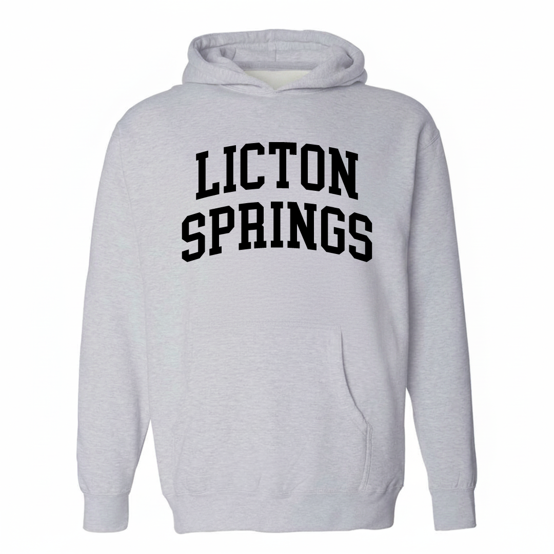 Heather-gray hoodie with the Licton Springs varsity arched lettering design on the chest.