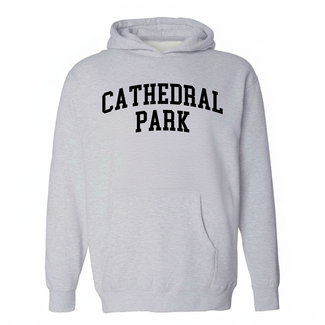 Heather-gray hoodie with the Cathedral Park arched lettering design on the chest.