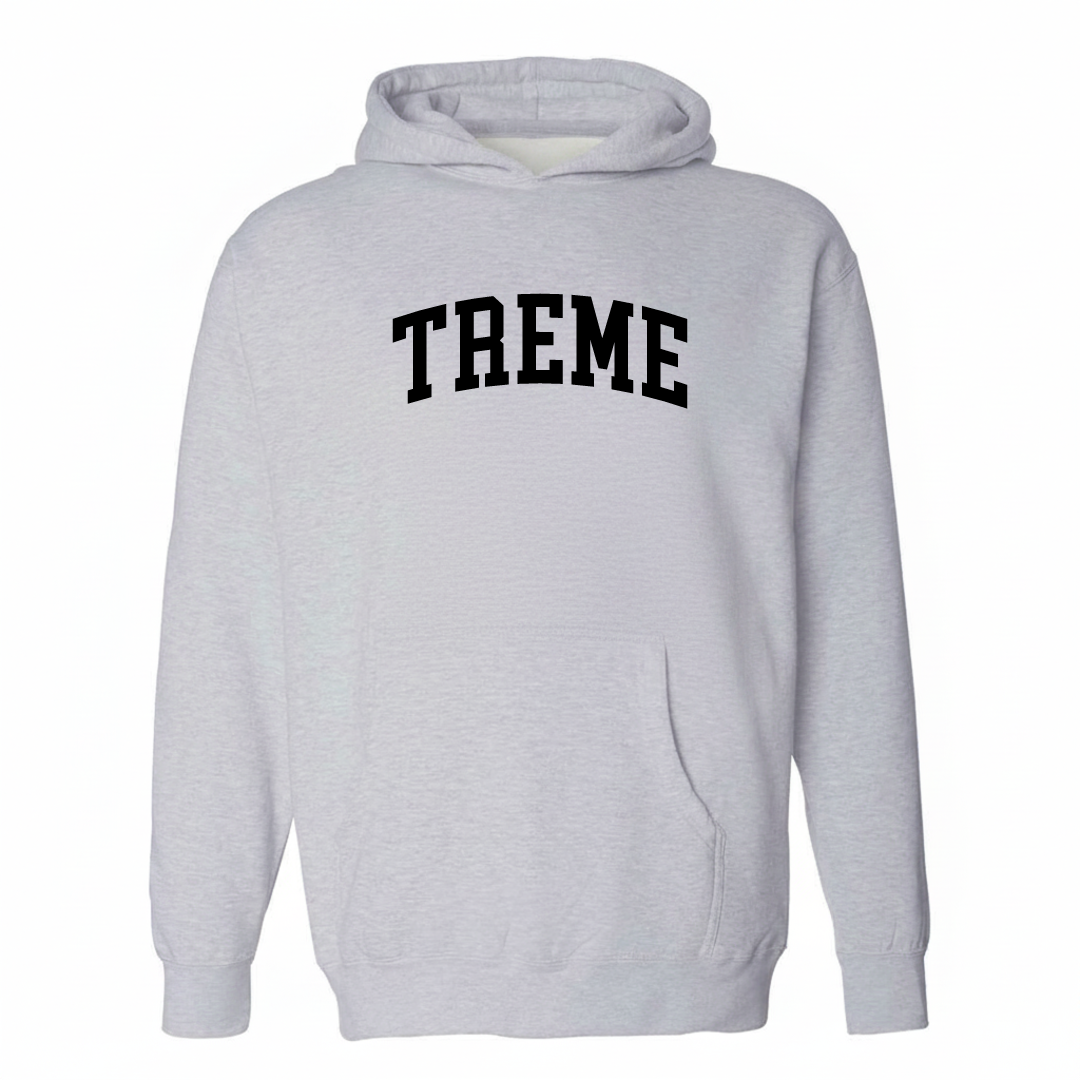 Heather-gray hoodie with the Tremé arched lettering varsity design on the chest.