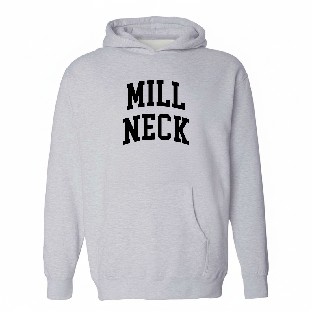 Heather-gray hoodie with the Mill Neck varsity arched lettering design on the chest.