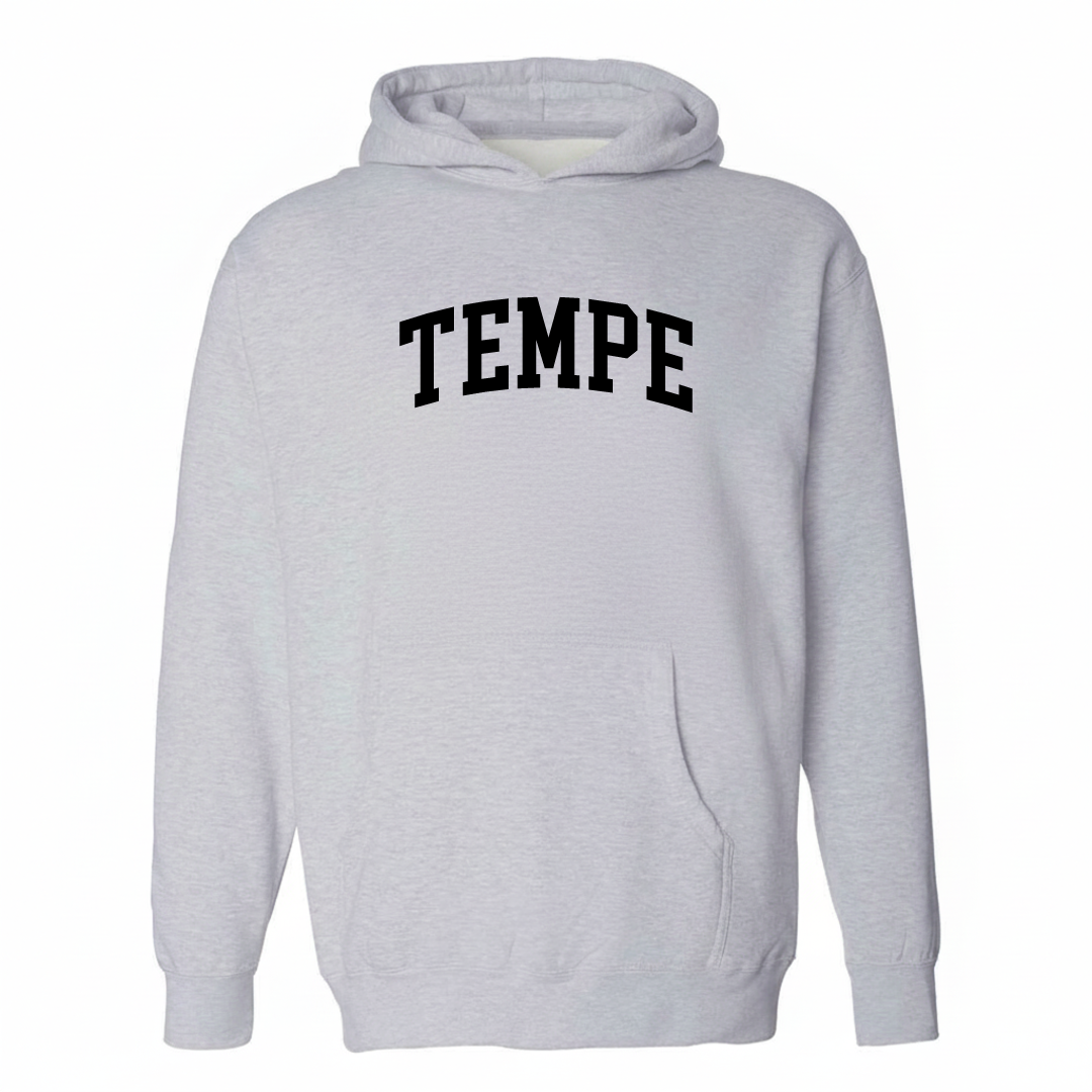 Heather-gray hoodie with the Tempe varsity arched lettering design on the chest.